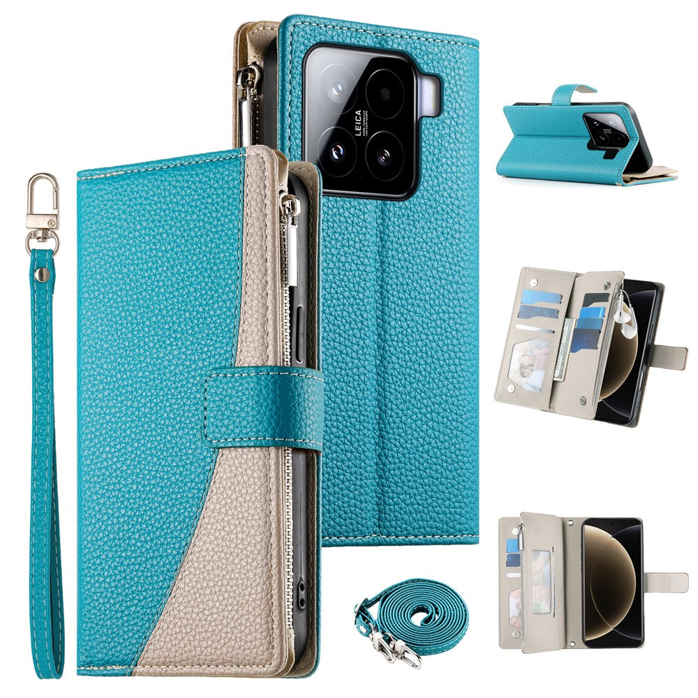 For Xiaomi 15 Case Zipper Wallet Color Splicing Leather Flip Phone Cover with Straps