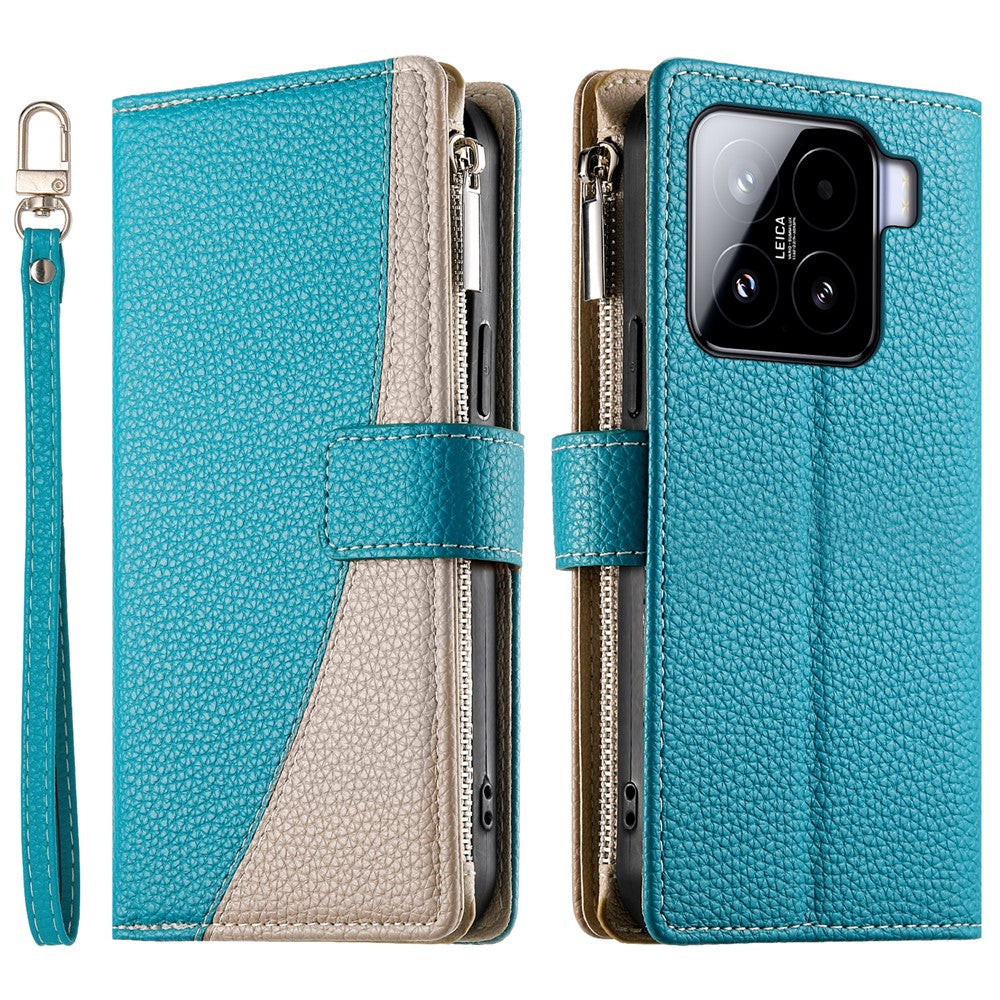 For Xiaomi 15 Case Zipper Wallet Color Splicing Leather Flip Phone Cover with Straps