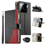 For Xiaomi 15 Case Zipper Wallet Color Splicing Leather Flip Phone Cover with Straps