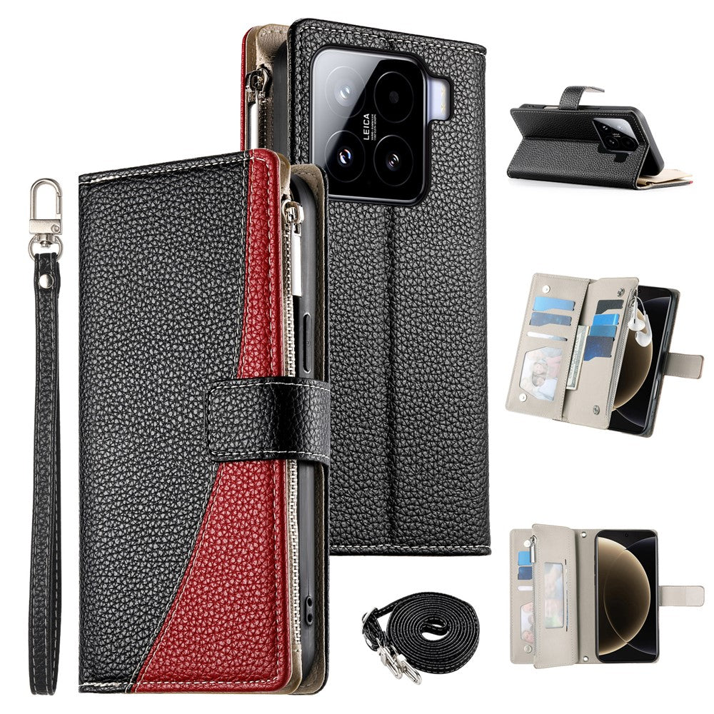 For Xiaomi 15 Case Zipper Wallet Color Splicing Leather Flip Phone Cover with Straps
