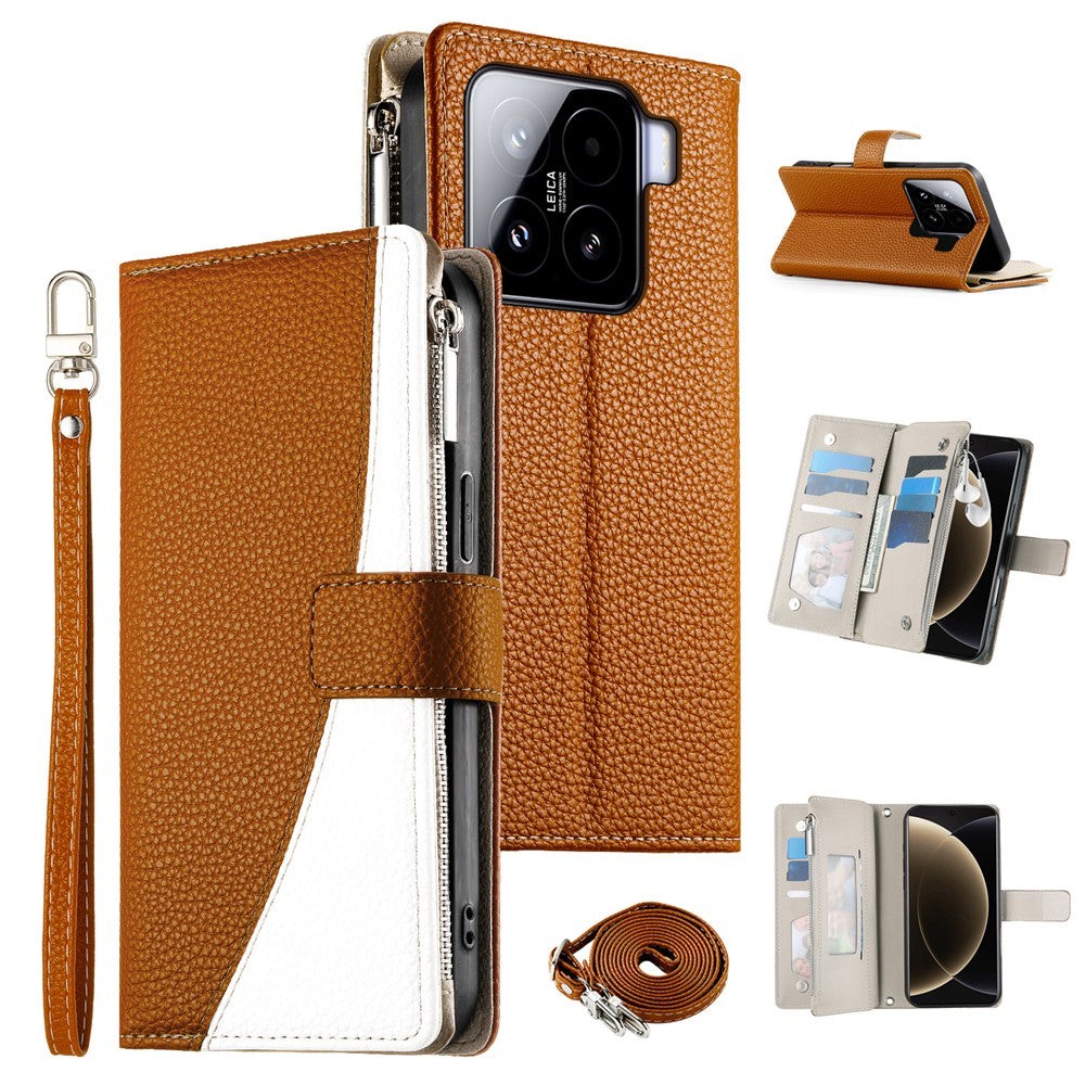 For Xiaomi 15 Case Zipper Wallet Color Splicing Leather Flip Phone Cover with Straps
