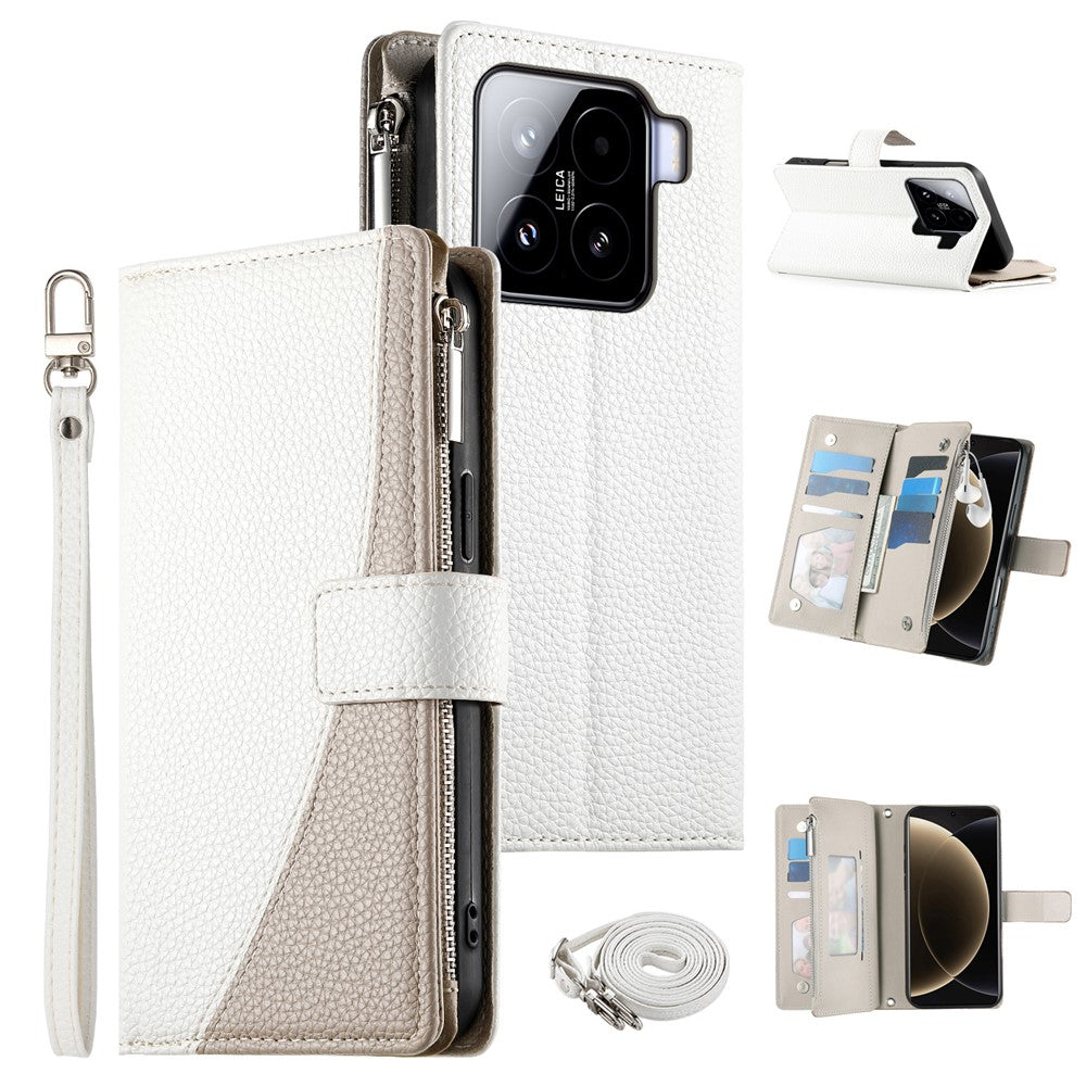 For Xiaomi 15 Case Zipper Wallet Color Splicing Leather Flip Phone Cover with Straps