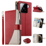 For Xiaomi 15 Case Zipper Wallet Color Splicing Leather Flip Phone Cover with Straps