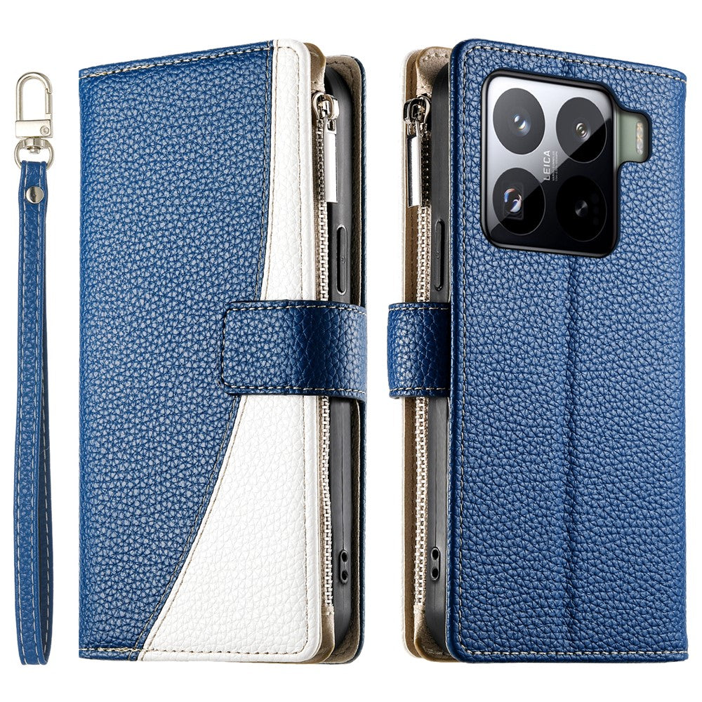 For Xiaomi 15 Pro Case Zipper Wallet Color Splicing Leather Flip Phone Cover with Straps
