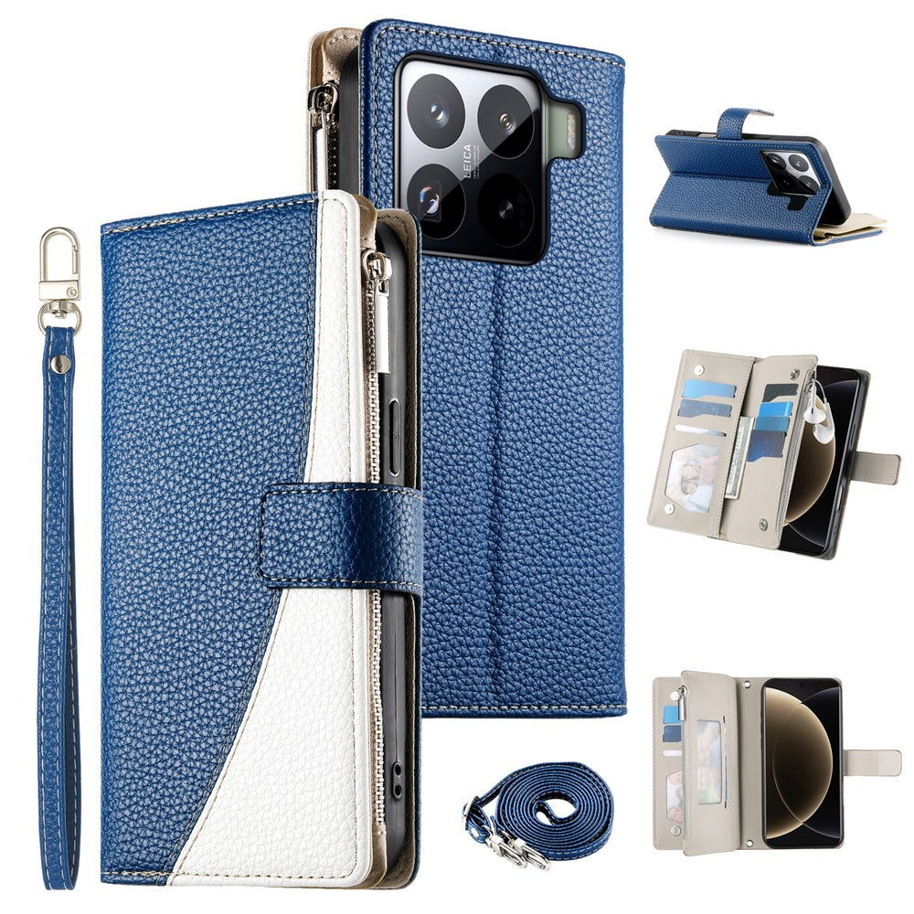 For Xiaomi 15 Pro Case Zipper Wallet Color Splicing Leather Flip Phone Cover with Straps
