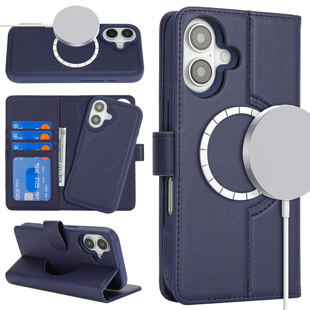 For iPhone 16 Wallet Case Compatible with MagSafe Anti-Drop Detachable PU Leather Phone Cover