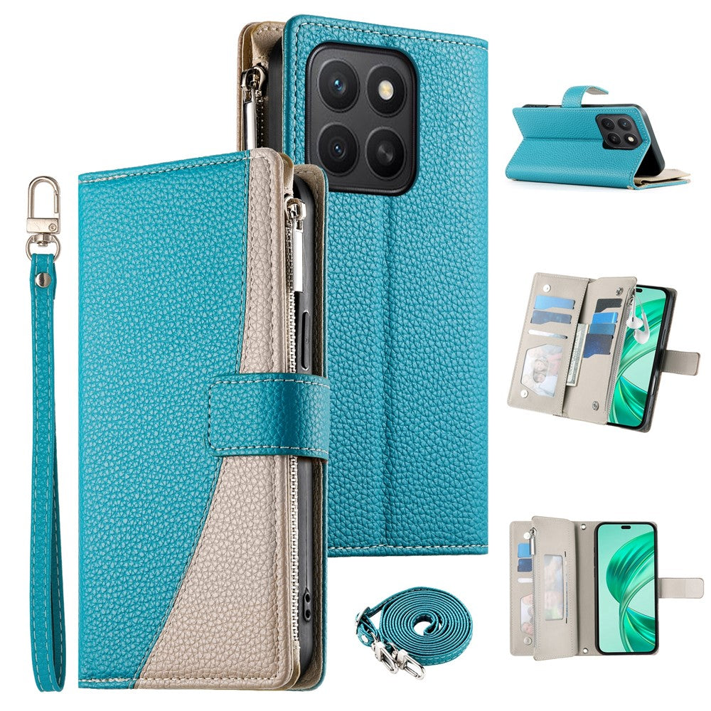 For Honor X8c 4G Case Zipper Wallet Color Splicing Leather Flip Phone Cover with Straps