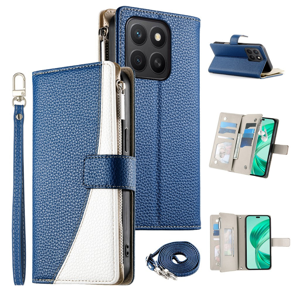 For Honor X8c 4G Case Zipper Wallet Color Splicing Leather Flip Phone Cover with Straps