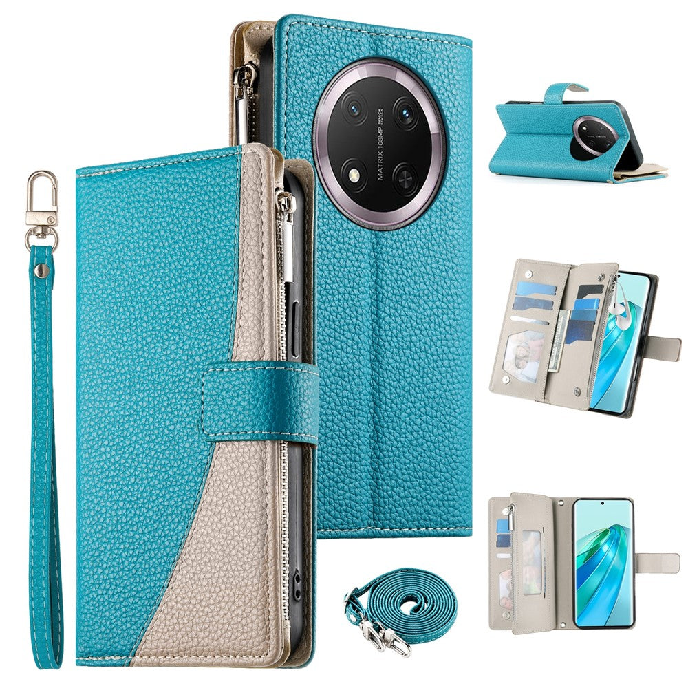 For Honor Magic7 Lite 5G / X9c 5G / X60 Pro 5G Case Zipper Wallet Color Splicing Leather Flip Phone Cover with Straps
