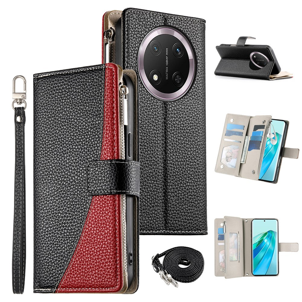 For Honor Magic7 Lite 5G / X9c 5G / X60 Pro 5G Case Zipper Wallet Color Splicing Leather Flip Phone Cover with Straps
