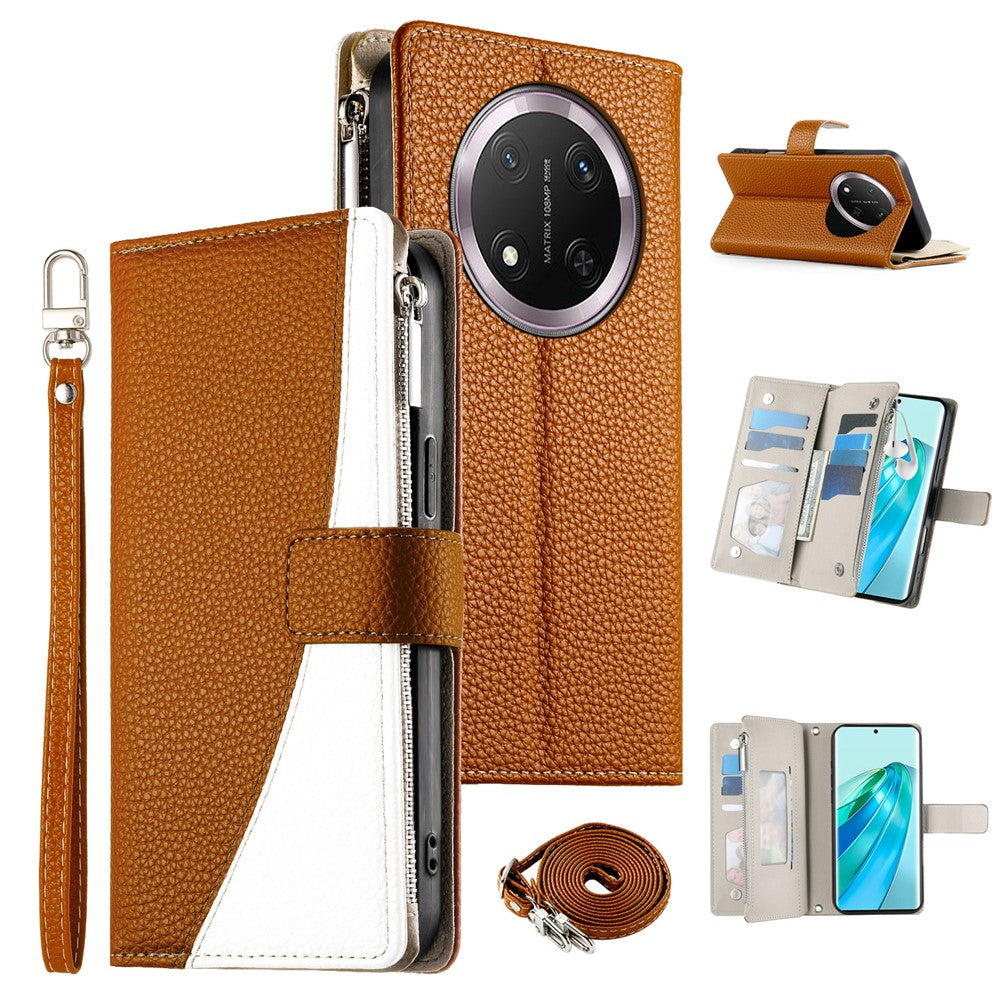 For Honor Magic7 Lite 5G / X9c 5G / X60 Pro 5G Case Zipper Wallet Color Splicing Leather Flip Phone Cover with Straps