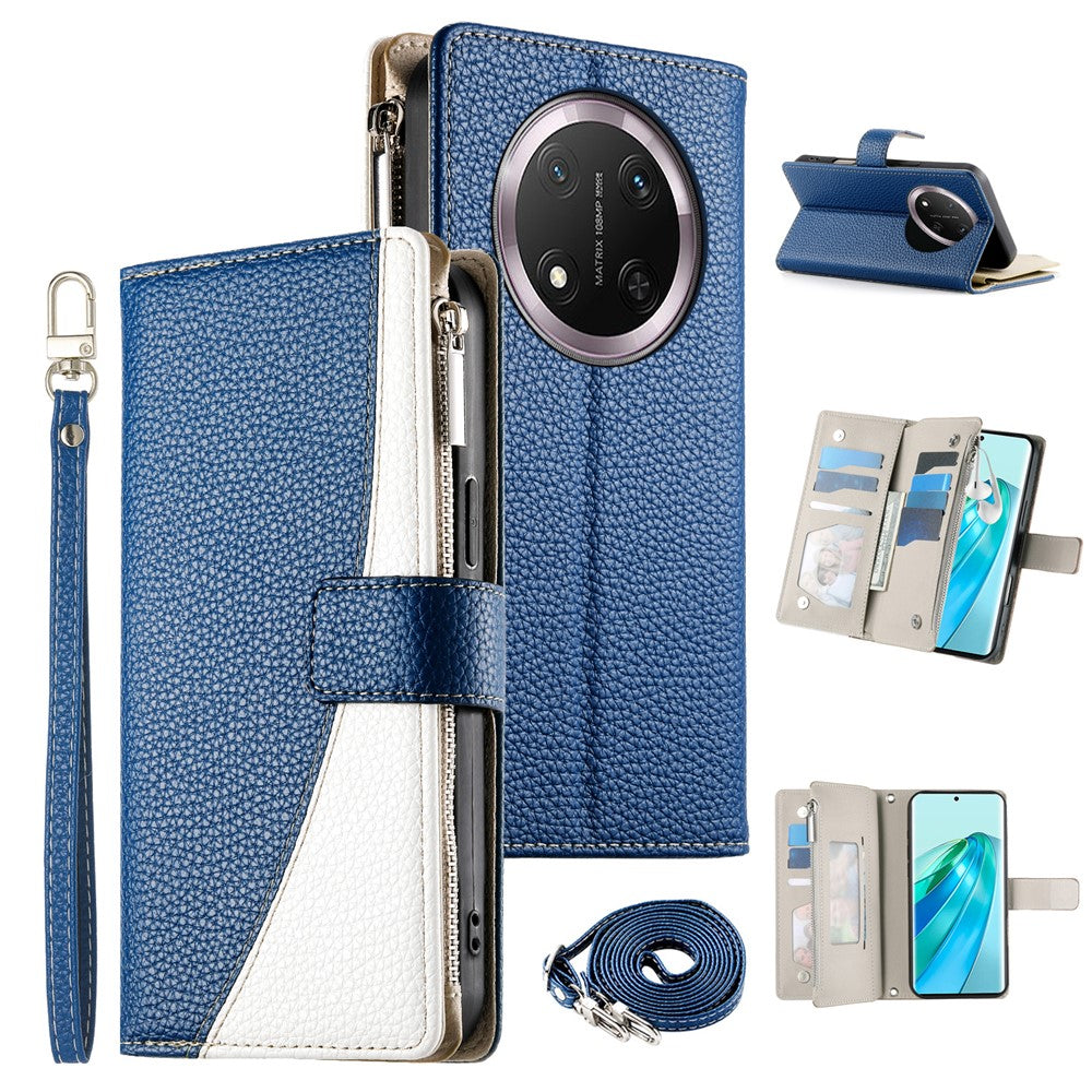 For Honor Magic7 Lite 5G / X9c 5G / X60 Pro 5G Case Zipper Wallet Color Splicing Leather Flip Phone Cover with Straps