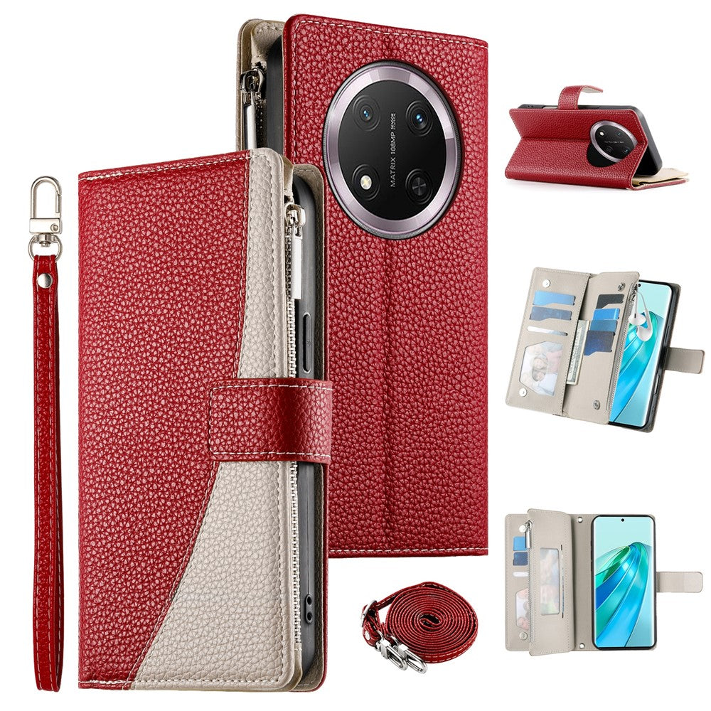For Honor Magic7 Lite 5G / X9c 5G / X60 Pro 5G Case Zipper Wallet Color Splicing Leather Flip Phone Cover with Straps