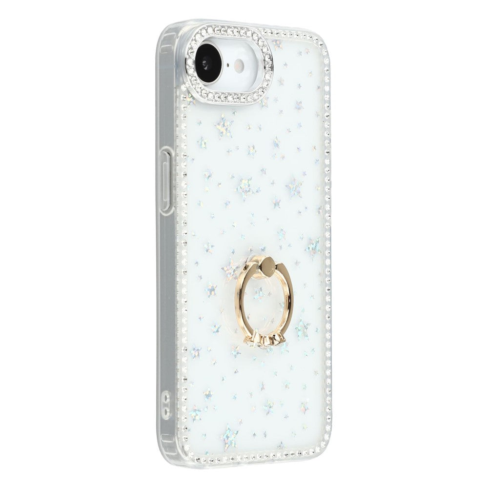 For iPhone 17e / 16e Case with Ring Kickstand Rhinestone Edge TPU + PC IMD Phone Cover
