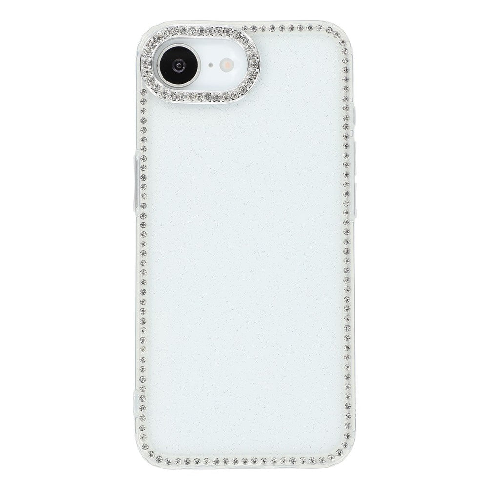 Til iPhone 17e / 16e cover med rhinstenskant, glimmerbagside TPU + PC IMD telefoncover
