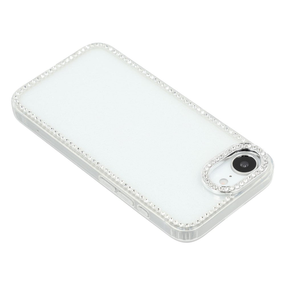 Til iPhone 17e / 16e cover med rhinstenskant, glimmerbagside TPU + PC IMD telefoncover