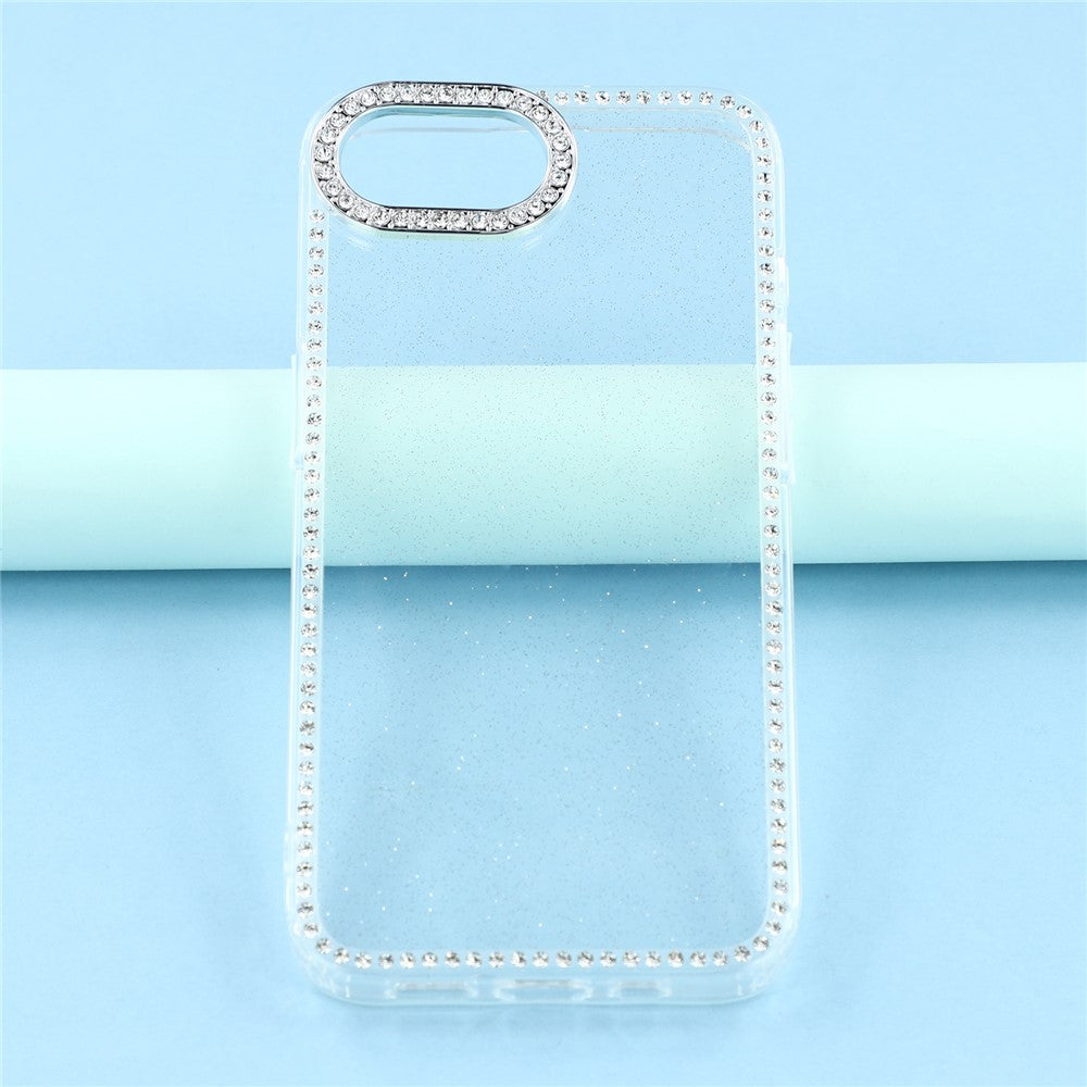 Til iPhone 17e / 16e cover med rhinstenskant, glimmerbagside TPU + PC IMD telefoncover