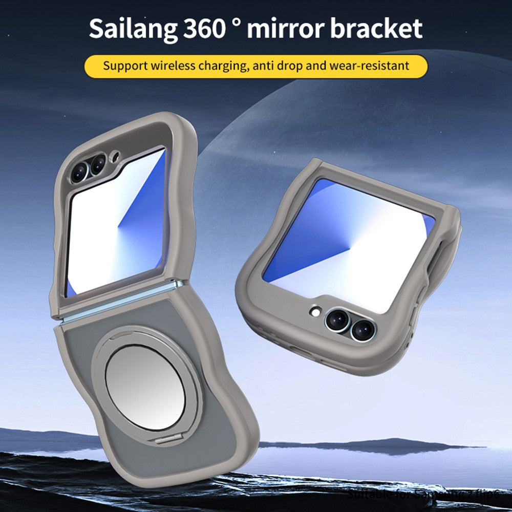 Samsung Galaxy Z Flip7 FE 5G / Z Flip6 5G / Flip5 5G magnetisk cover med spejl, roterende støttefod og bølgekant, TPU + PC-mobilcover
