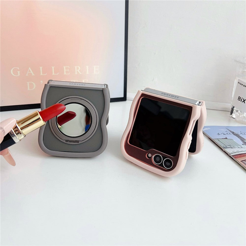 Samsung Galaxy Z Flip7 FE 5G / Z Flip6 5G / Flip5 5G magnetisk cover med spejl, roterende støttefod og bølgekant, TPU + PC-mobilcover
