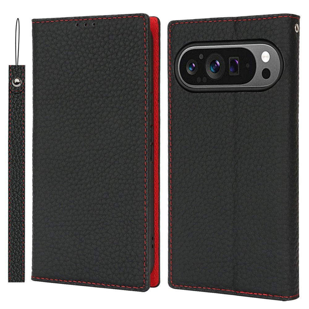 For Google Pixel 10 / 10 Pro Wallet Case Genuine Cow Leather Phone Cover Litchi Texture