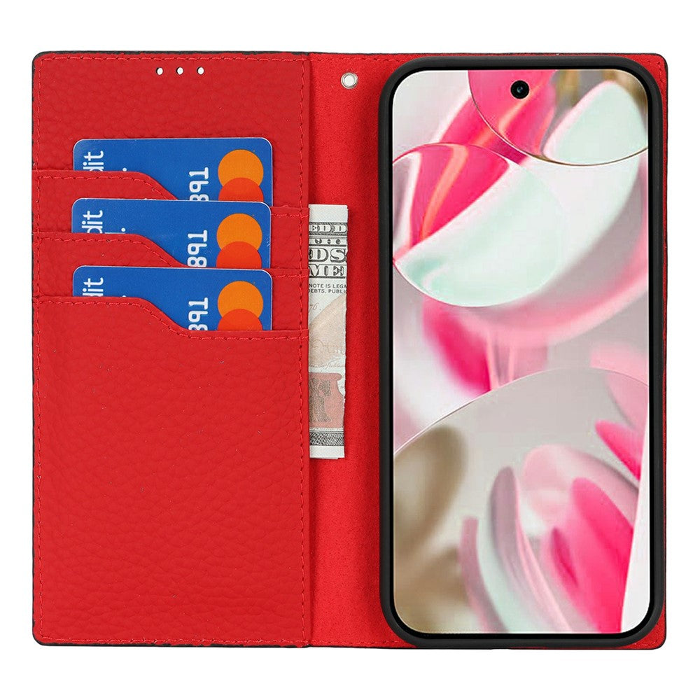 For Google Pixel 10 / 10 Pro Wallet Case Genuine Cow Leather Phone Cover Litchi Texture