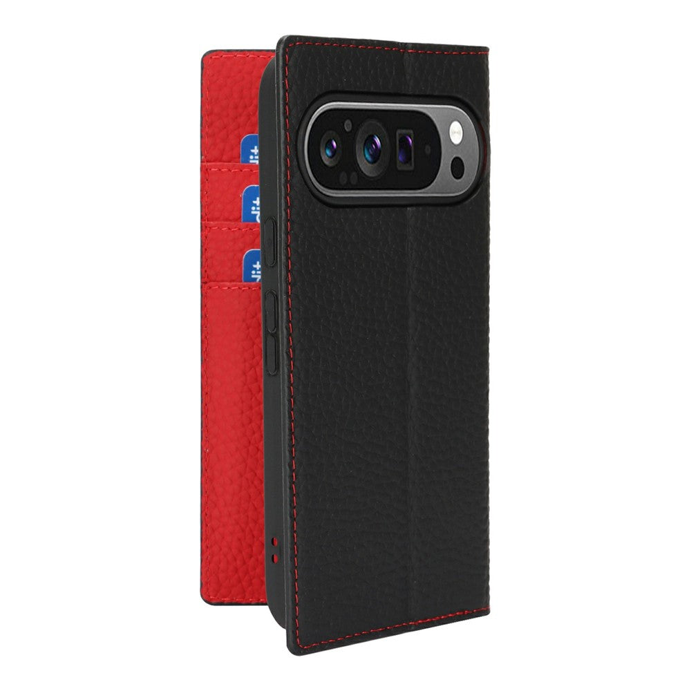 For Google Pixel 10 / 10 Pro Wallet Case Genuine Cow Leather Phone Cover Litchi Texture