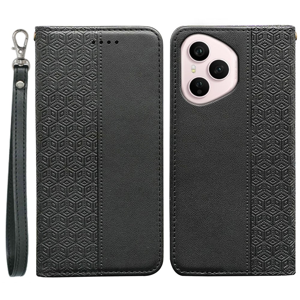 For Honor 400 Pro 5G (Global) Wallet Phone Case Checkered Pattern Imprint Leather Flip Cover with Wrist Strap