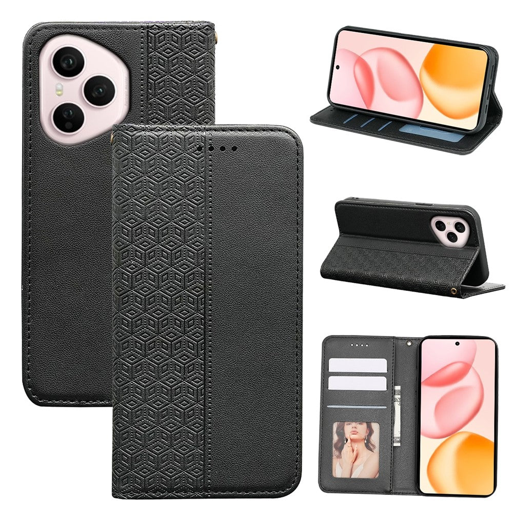 For Honor 400 Pro 5G (Global) Wallet Phone Case Checkered Pattern Imprint Leather Flip Cover with Wrist Strap