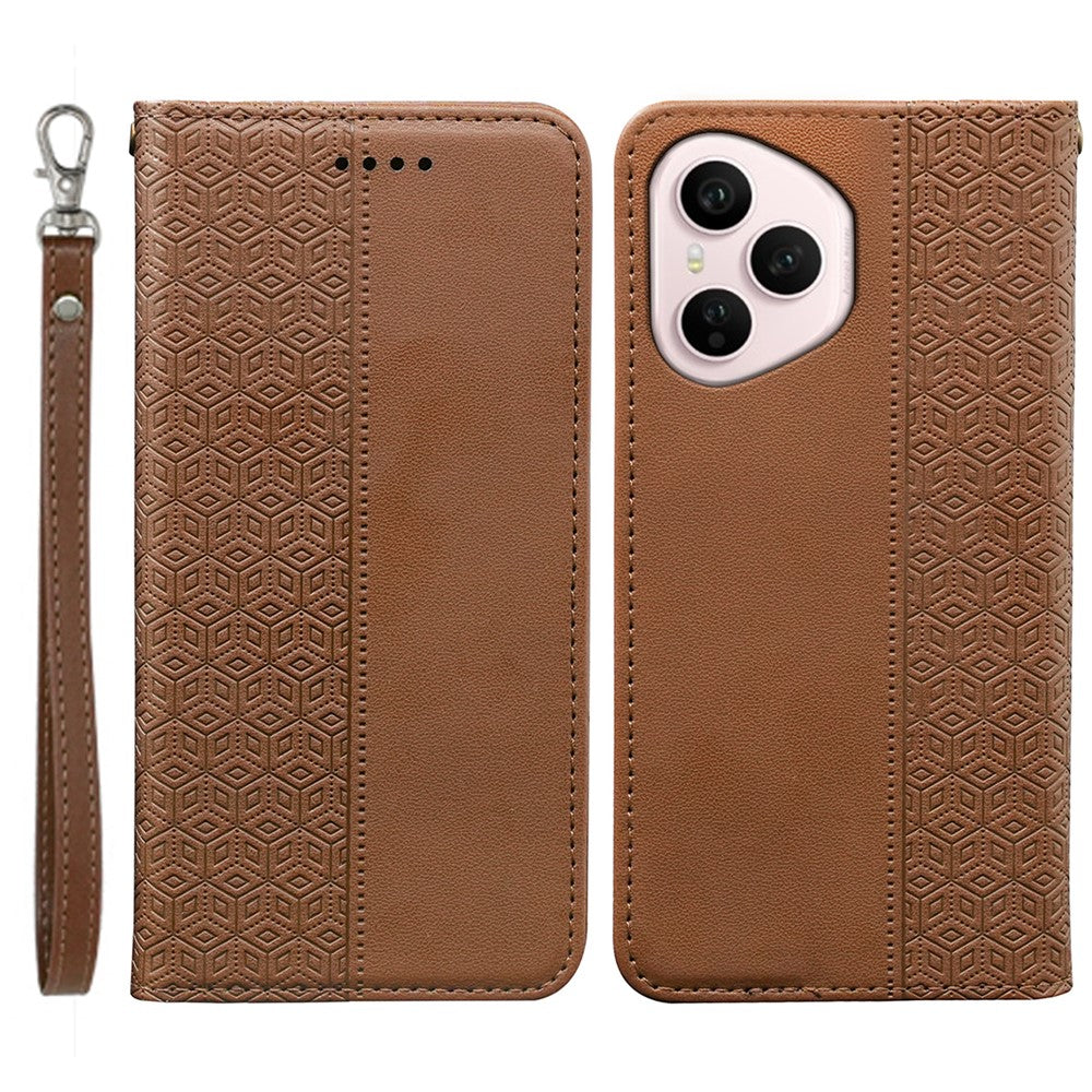For Honor 400 Pro 5G (Global) Wallet Phone Case Checkered Pattern Imprint Leather Flip Cover with Wrist Strap