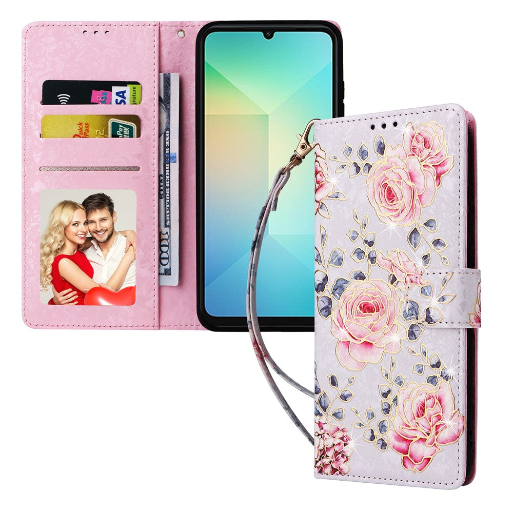 For Samsung Galaxy A08 5G / A08 4G / A07 4G / A06 4G / A06 5G Case RFID Blocking Flower Leather Phone Cover with Wrist Strap