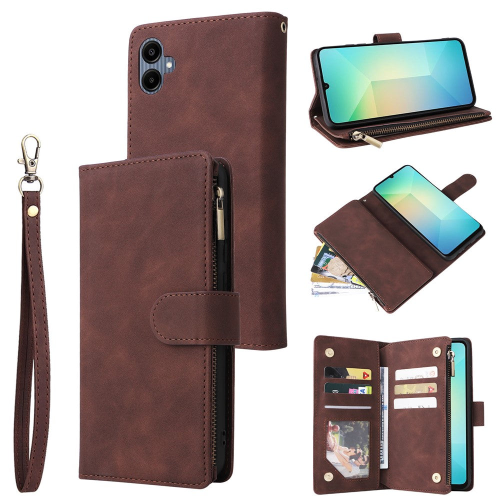For Samsung Galaxy A08 5G / A08 4G / A07 4G / A06 4G / A06 5G Case Zipper Wallet Multiple Card Slots Leather Phone Cover with Wrist Strap
