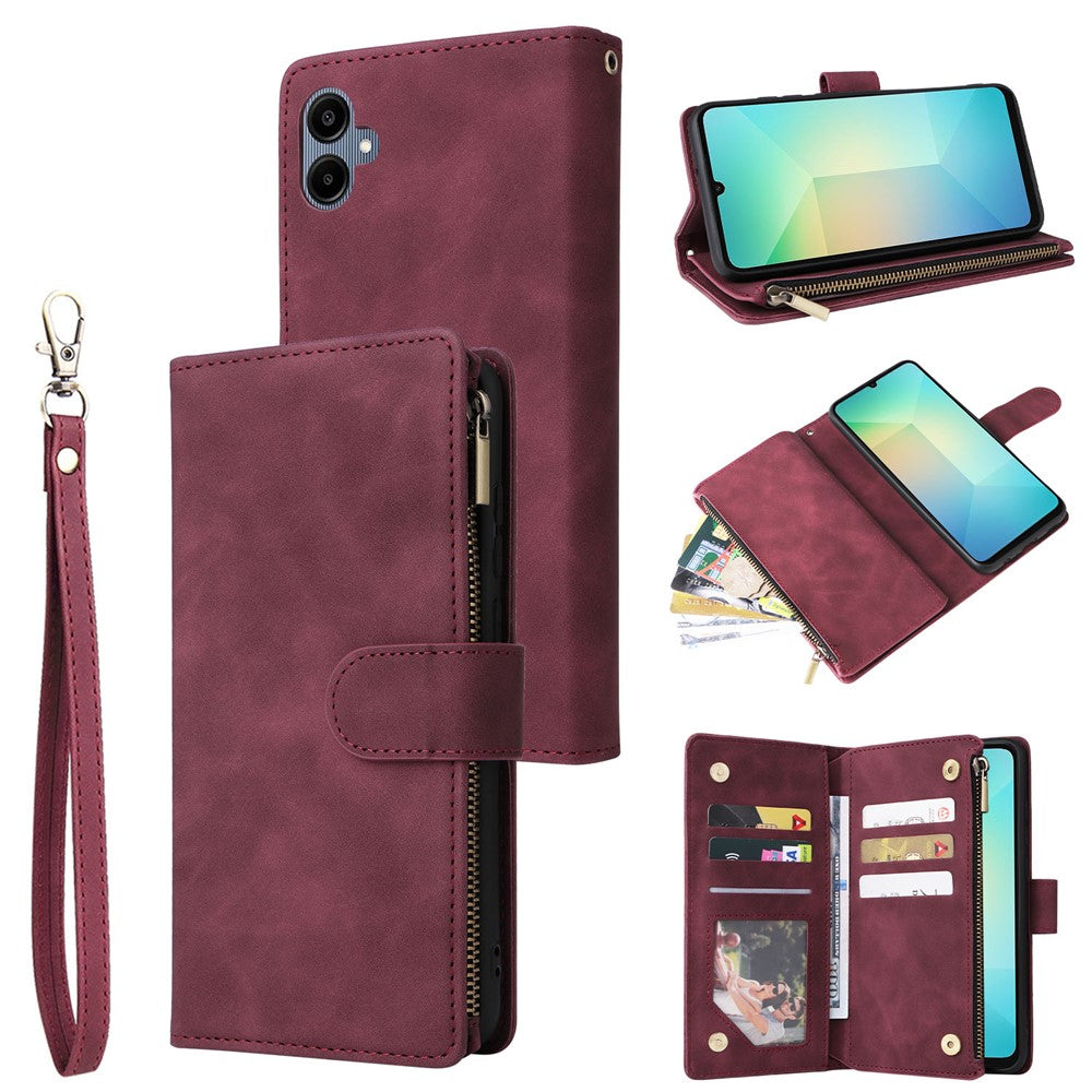 For Samsung Galaxy A08 5G / A08 4G / A07 4G / A06 4G / A06 5G Case Zipper Wallet Multiple Card Slots Leather Phone Cover with Wrist Strap