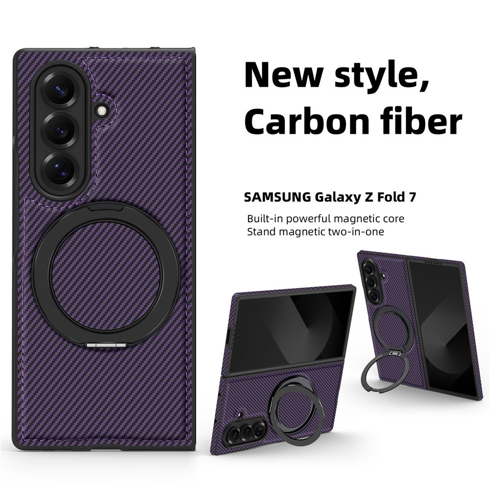 For Samsung Galaxy Z Fold7 5G Magnetic Case Carbon Fiber Texture PU + TPU Kickstand Phone Cover
