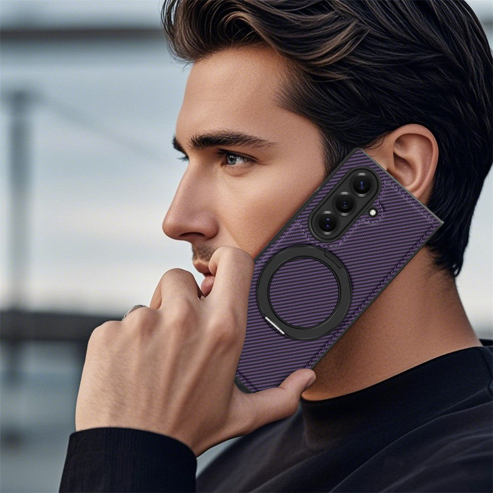 For Samsung Galaxy Z Fold7 5G Magnetic Case Carbon Fiber Texture PU + TPU Kickstand Phone Cover
