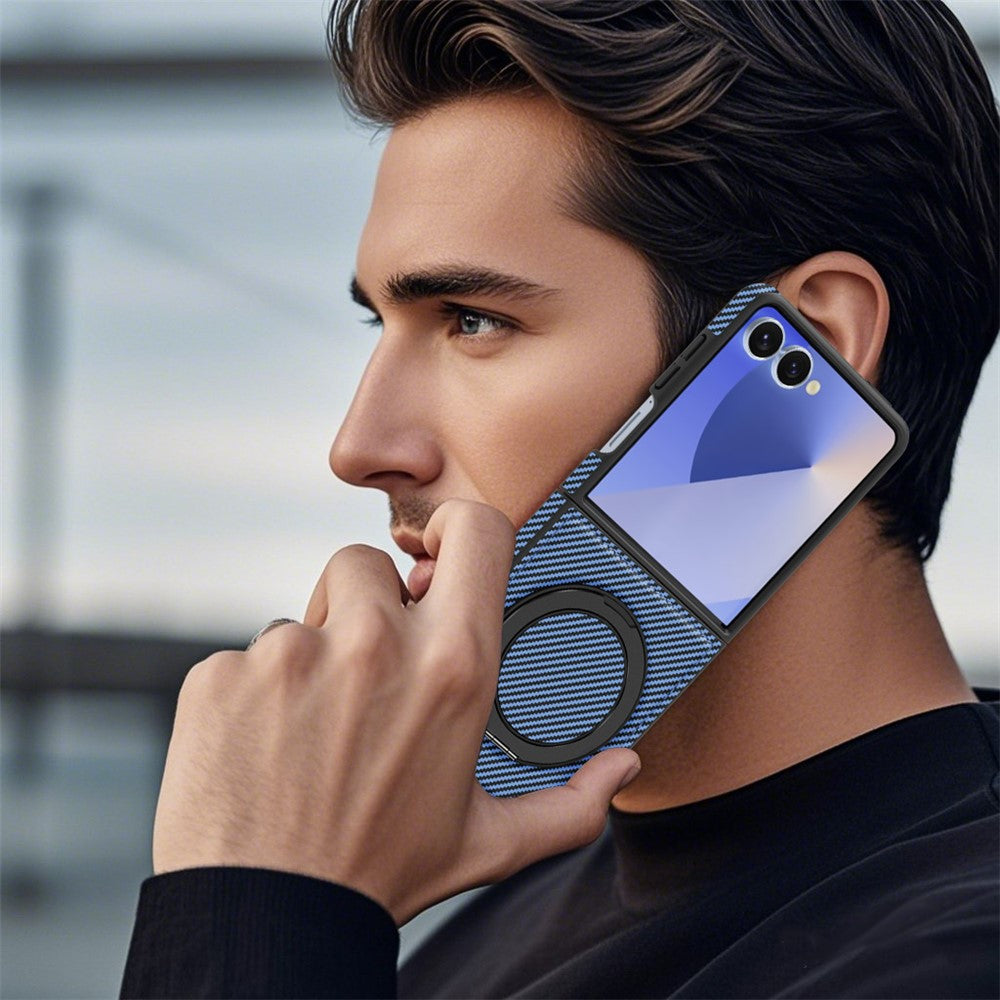 Samsung Galaxy Z Flip7 5G Magnetiskt Skal Kolfiberstruktur PU + TPU Stativ mobilskal