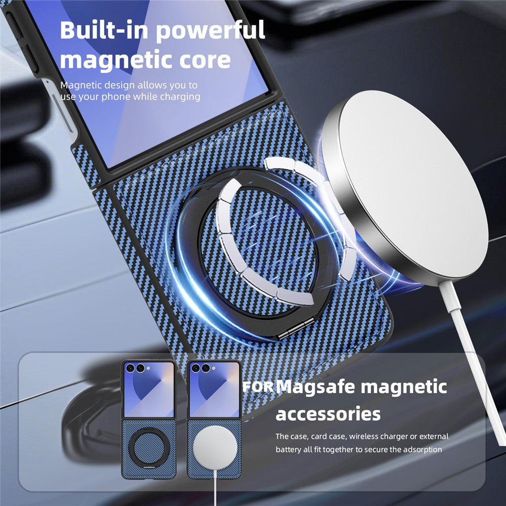 Samsung Galaxy Z Flip7 5G Magnetiskt Skal Kolfiberstruktur PU + TPU Stativ mobilskal