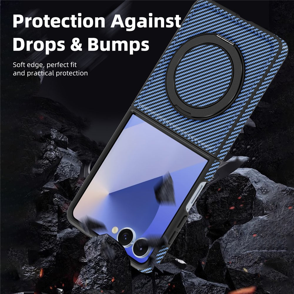 Samsung Galaxy Z Flip7 5G Magnetiskt Skal Kolfiberstruktur PU + TPU Stativ mobilskal