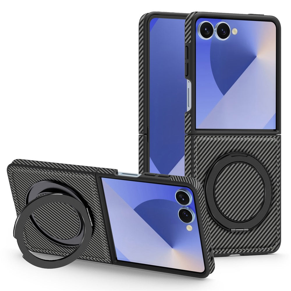 Samsung Galaxy Z Flip7 5G Magnetiskt Skal Kolfiberstruktur PU + TPU Stativ mobilskal