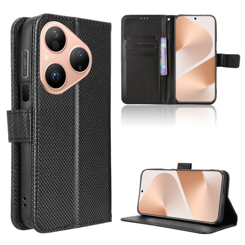 For Huawei Pura 80 Leather Wallet Case with Strap Diamond Texture Phone Cover
