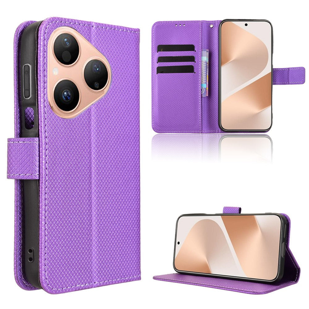For Huawei Pura 80 Leather Wallet Case with Strap Diamond Texture Phone Cover