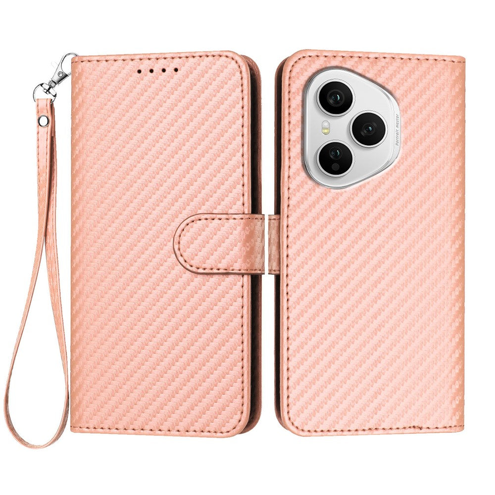 For Honor 400 Pro 5G (Global) Wallet Case with Strap Carbon Fiber Texture Leather Mobile Cover
