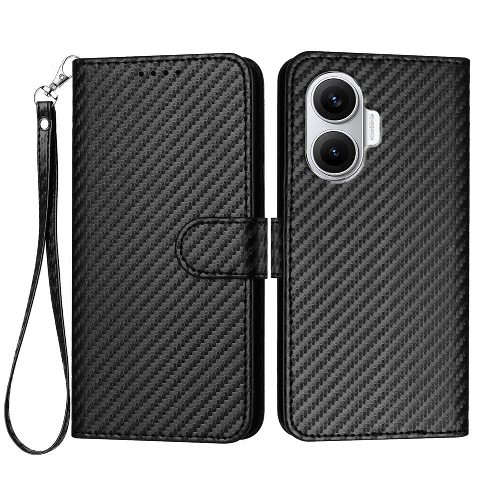 For Xiaomi Poco F7 5G / Redmi Turbo 4 Pro 5G Wallet Case with Strap Carbon Fiber Texture Leather Mobile Cover