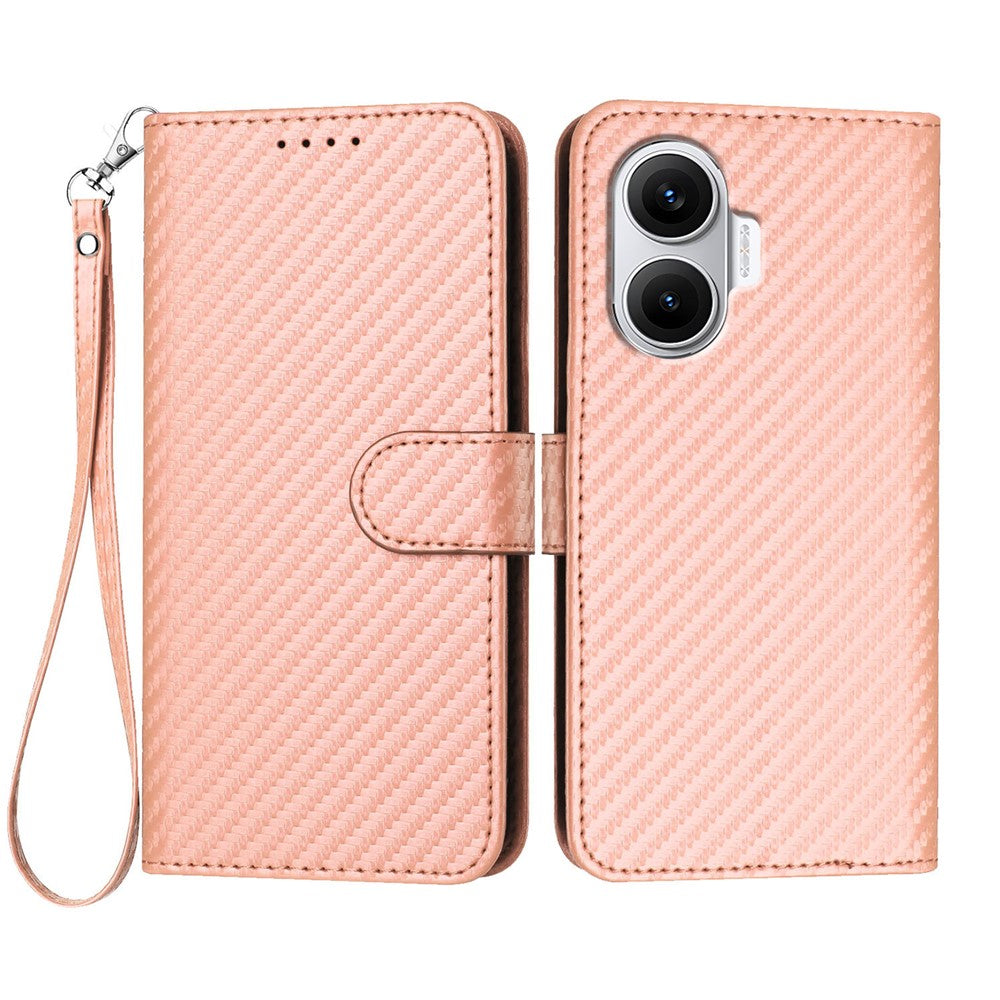 For Xiaomi Poco F7 5G / Redmi Turbo 4 Pro 5G Wallet Case with Strap Carbon Fiber Texture Leather Mobile Cover