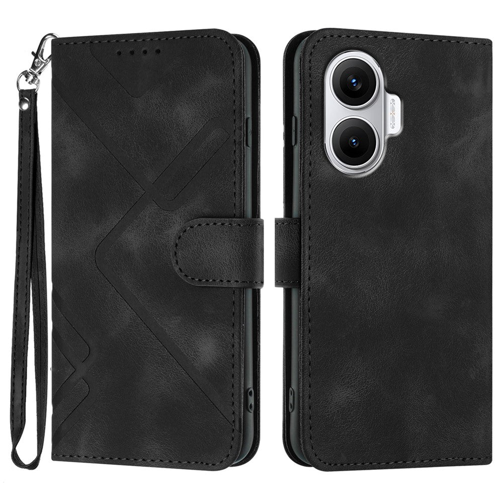 For Xiaomi Poco F7 5G / Redmi Turbo 4 Pro 5G Wallet Case Line Imprinted PU Leather Phone Cover with Strap
