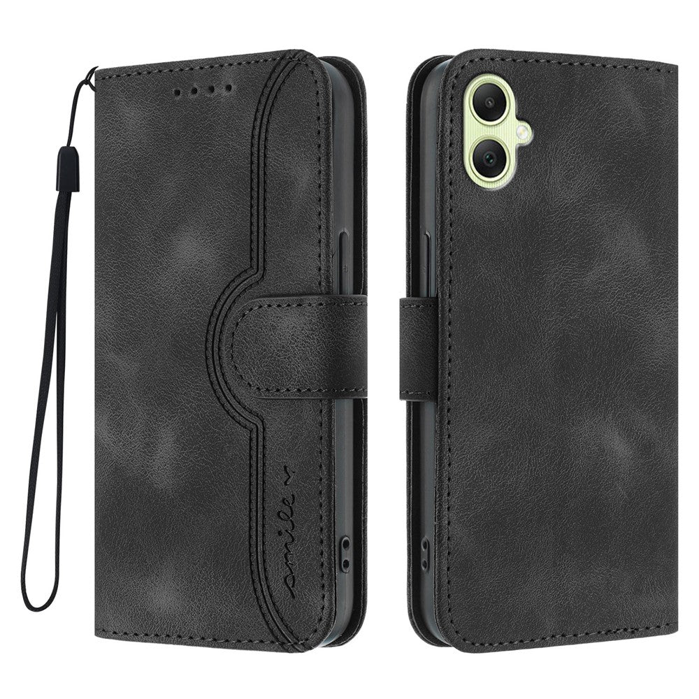 Samsung Galaxy A08 5G / A08 4G / A07 4G / A07s 4G / A06 4G / A06 5G lædercover og pung med stander, mobilcover med smiletryk og rem