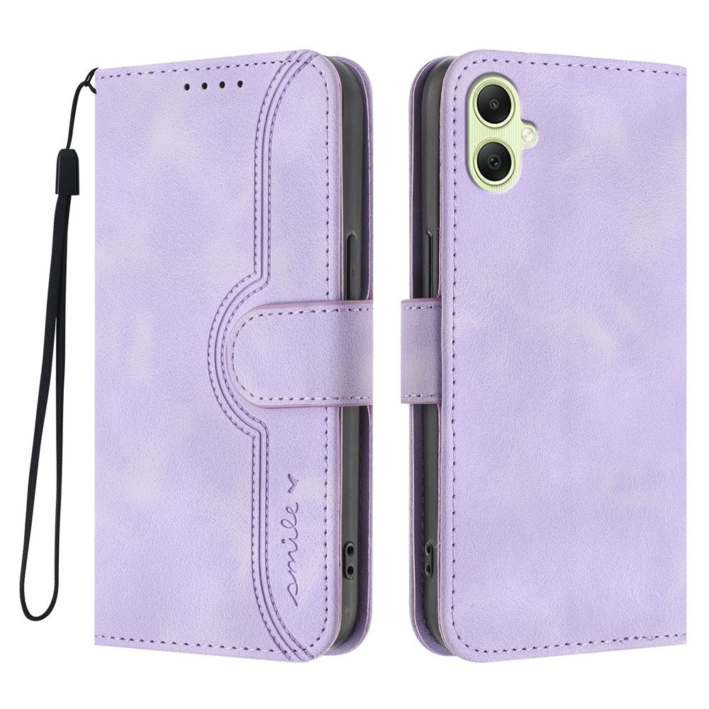 Samsung Galaxy A08 5G / A08 4G / A07 4G / A07s 4G / A06 4G / A06 5G lædercover og pung med stander, mobilcover med smiletryk og rem