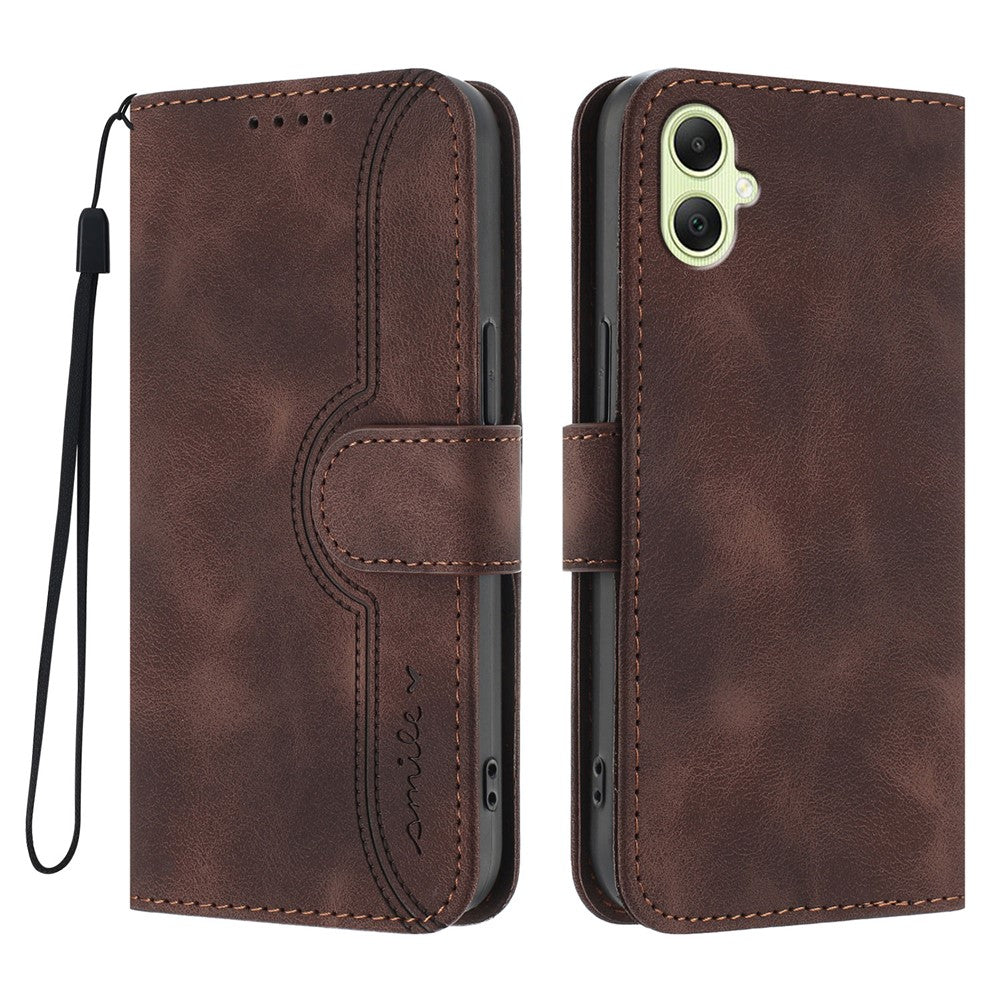 Samsung Galaxy A08 5G / A08 4G / A07 4G / A07s 4G / A06 4G / A06 5G lædercover og pung med stander, mobilcover med smiletryk og rem