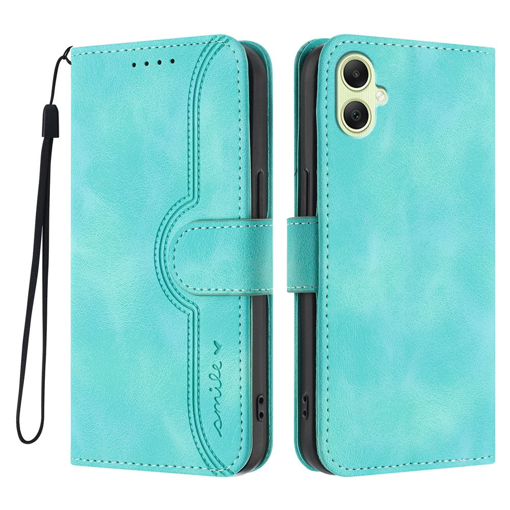 Samsung Galaxy A08 5G / A08 4G / A07 4G / A07s 4G / A06 4G / A06 5G lædercover og pung med stander, mobilcover med smiletryk og rem