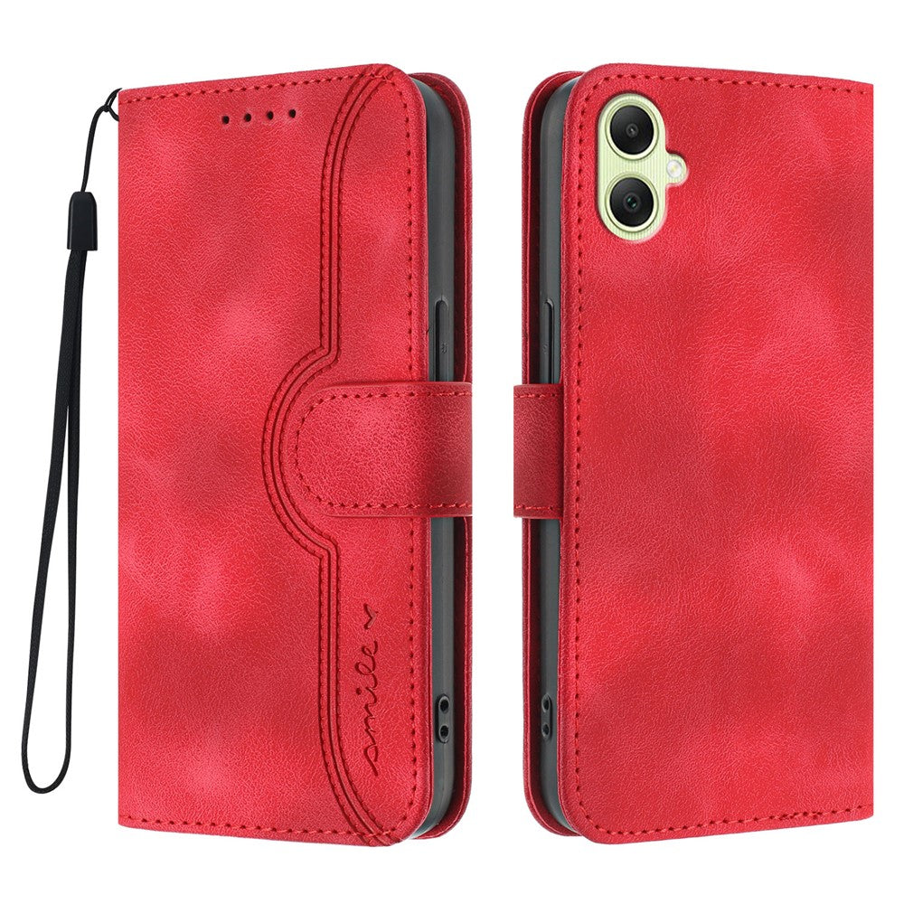 Samsung Galaxy A08 5G / A08 4G / A07 4G / A07s 4G / A06 4G / A06 5G lædercover og pung med stander, mobilcover med smiletryk og rem