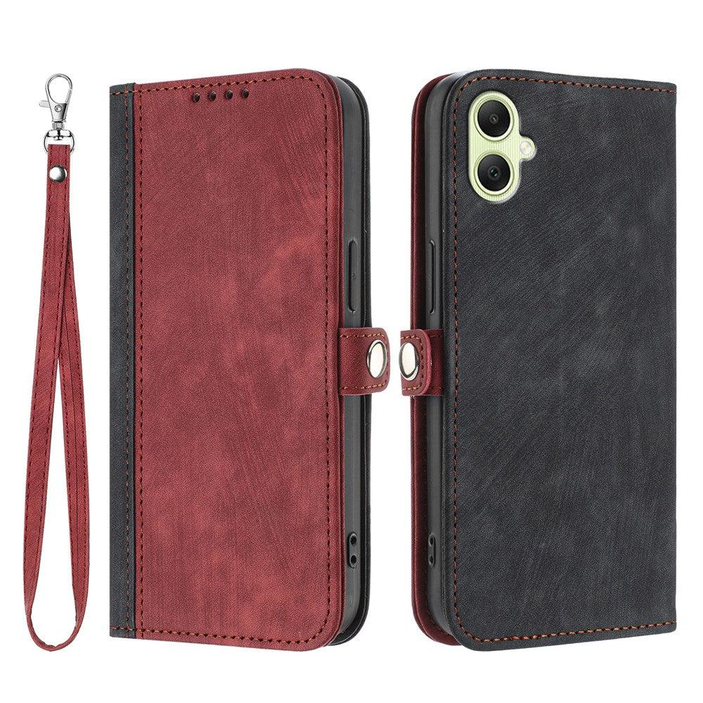 Samsung Galaxy A08 5G / A08 4G / A07 4G / A07s 4G / A06 4G / A06 5G PU-lædercover med rem, mobilcover, stativ og magnetisk knapdesign på siden